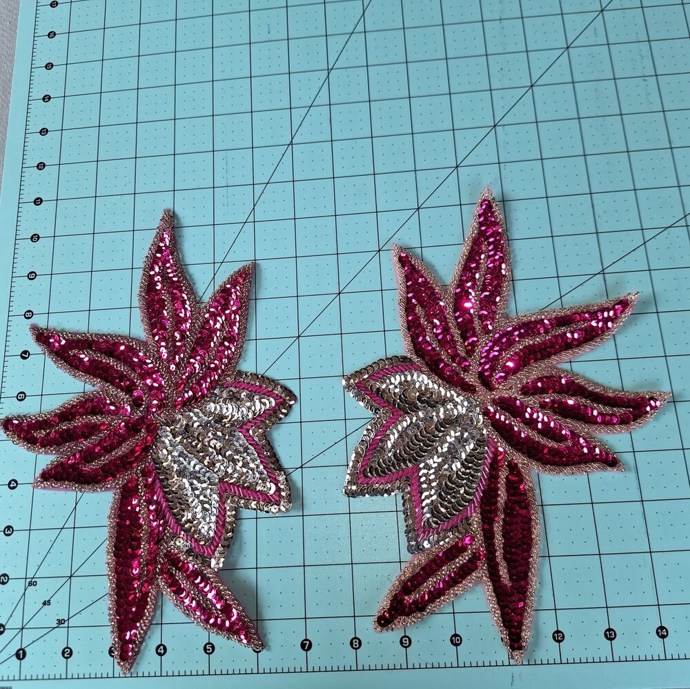 Fuchsia and silver sequin bead flower mirror pair